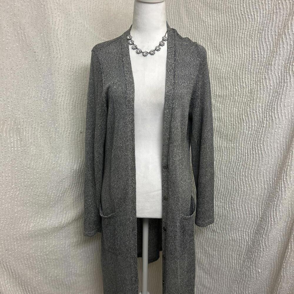 Eileen Fisher Linen Blend Long Cardigan M Black Gray Italian Yarn Knit